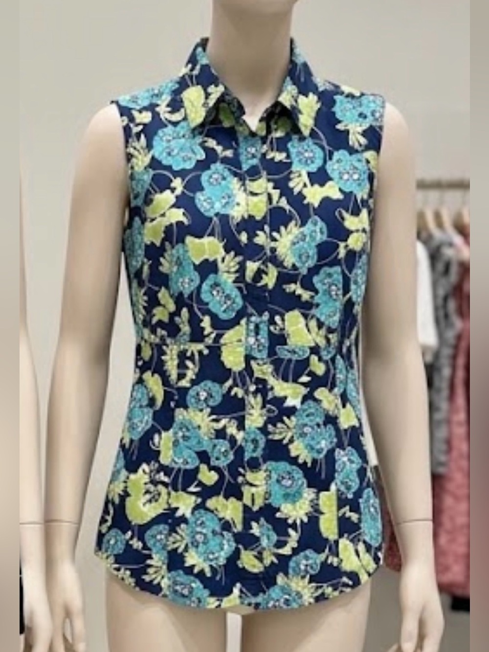 Ann Taylor Navy Floral Sleeveless Button-Down Top